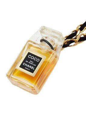 Chanel Perfume Bottle Motif Necklace Clear Gold Black Glass Plated Velour
